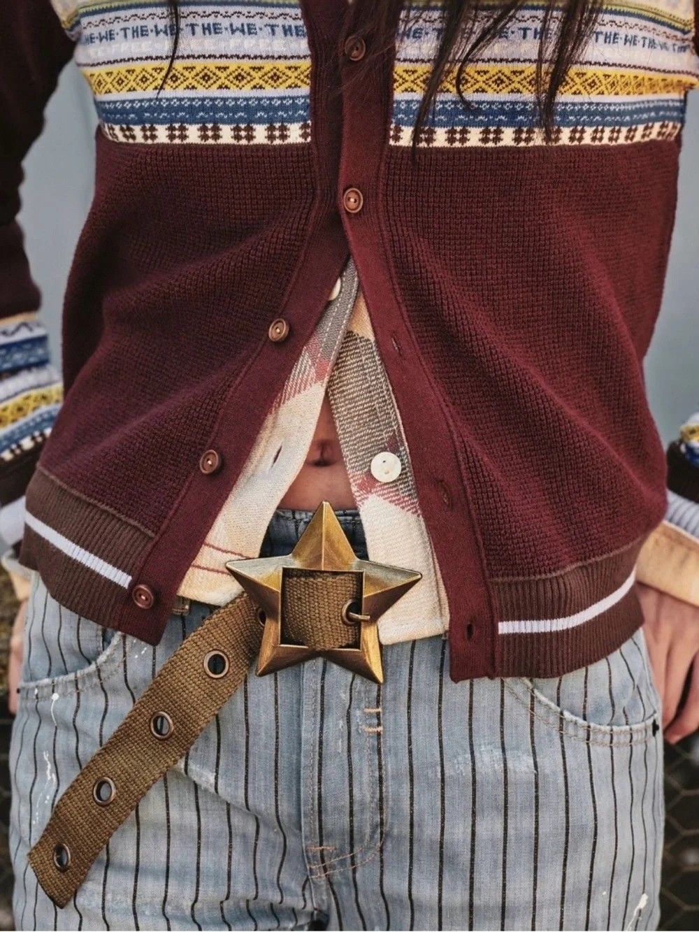 Free People Olive Canvas Belt with Star Brass Buckle
